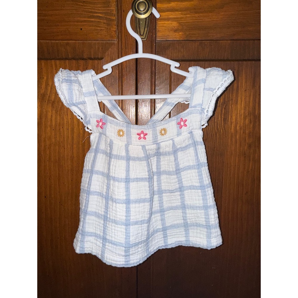 Rabbit Bear Organic Cotton Plaid Gauze Flutter Sleeve Floral Top Blue White 24M